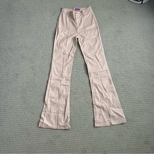 Edikted Cream Flare Boot Cut Leather Pants with slits Size Small